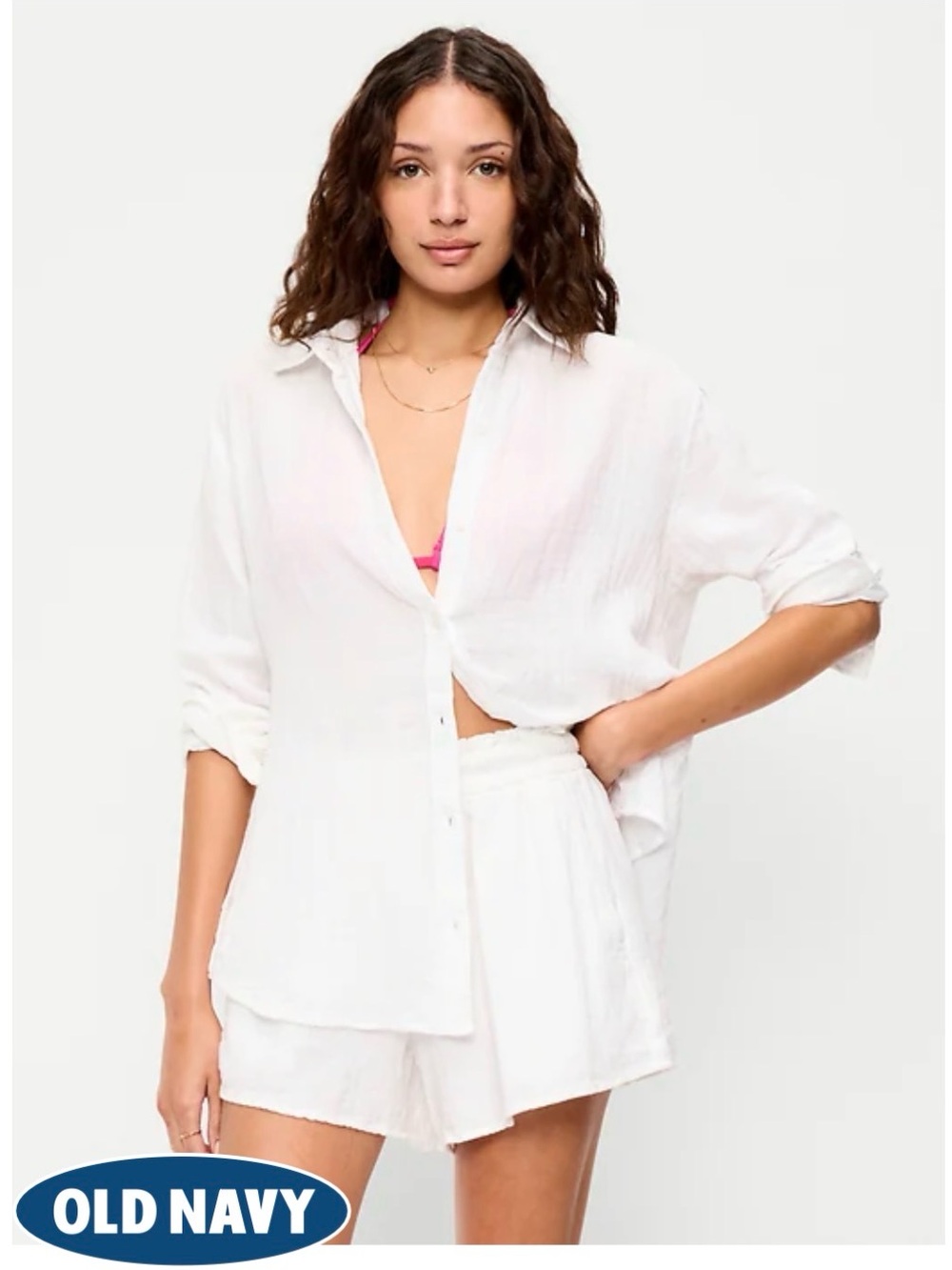 TALL Old Navy Open-Back Crinkle Gauze Button-Down Shirt White M Tall